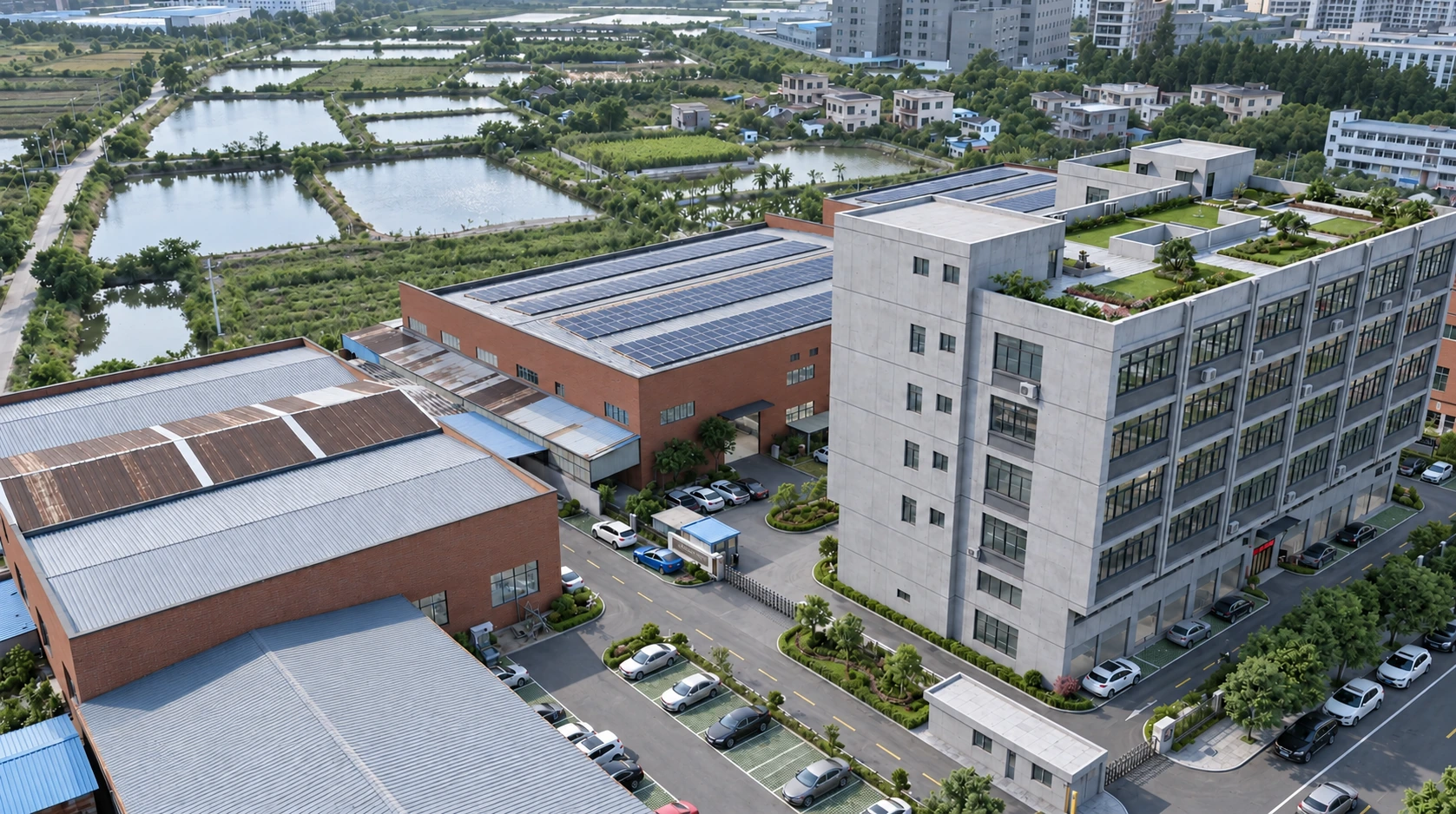 Aerial view of a factory and office complex with solar-panel roofs, landscaped grounds and internal access roads