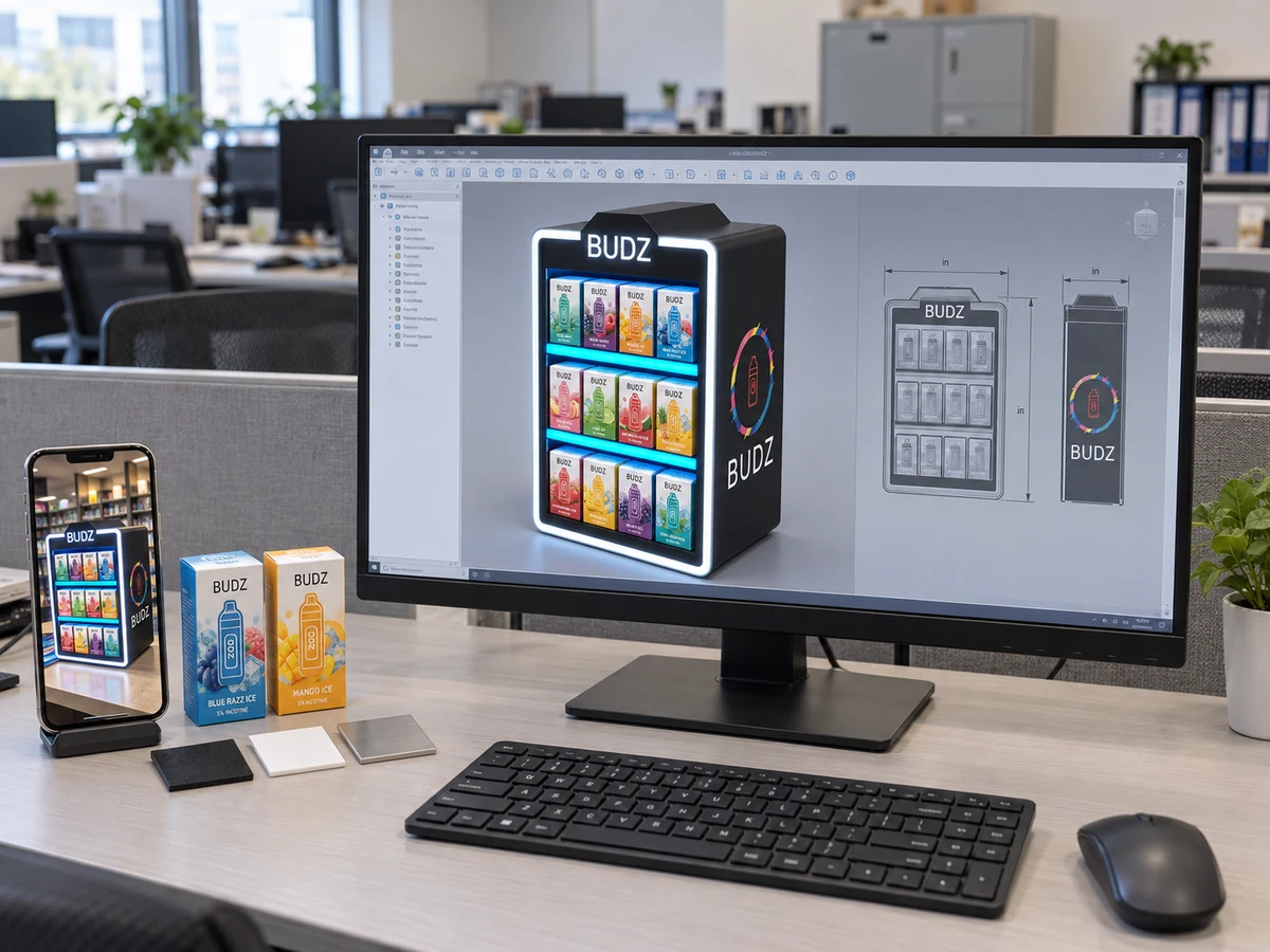 A monitor showing a custom display rendering beside dimensioned 2D drawings