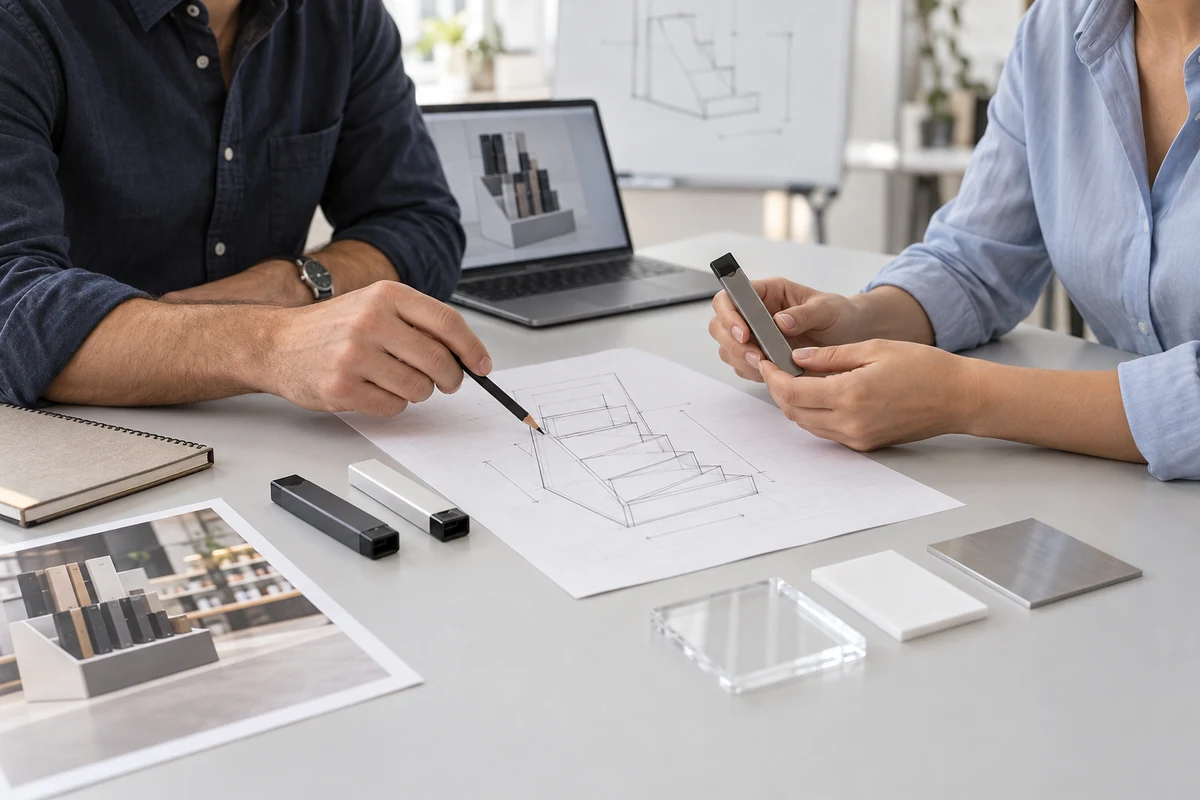 Reviewing product samples, display sketches and materials during an initial consultation