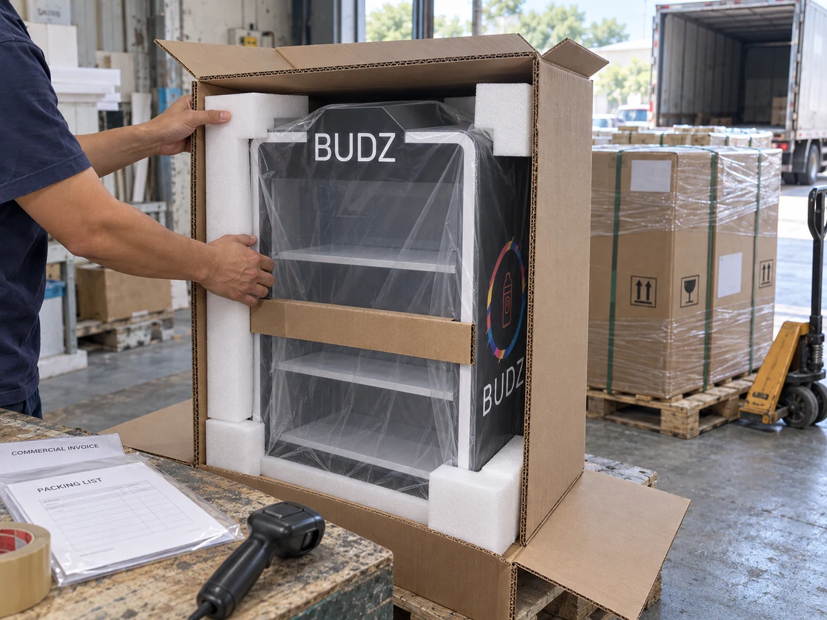 Packing a display cabinet with foam protection in a shipping carton beside export pallets