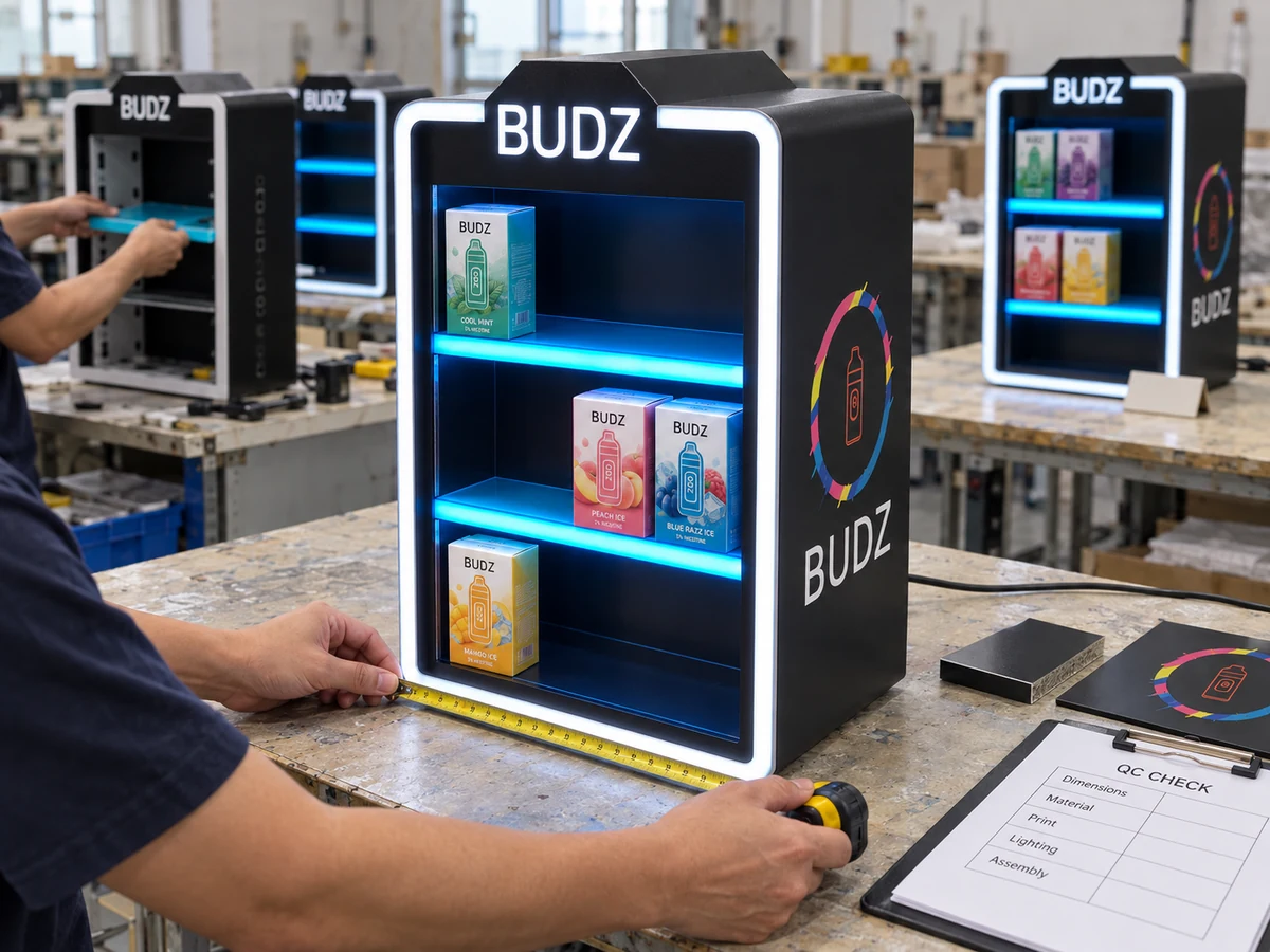 Measuring an illuminated display cabinet during production and quality control
