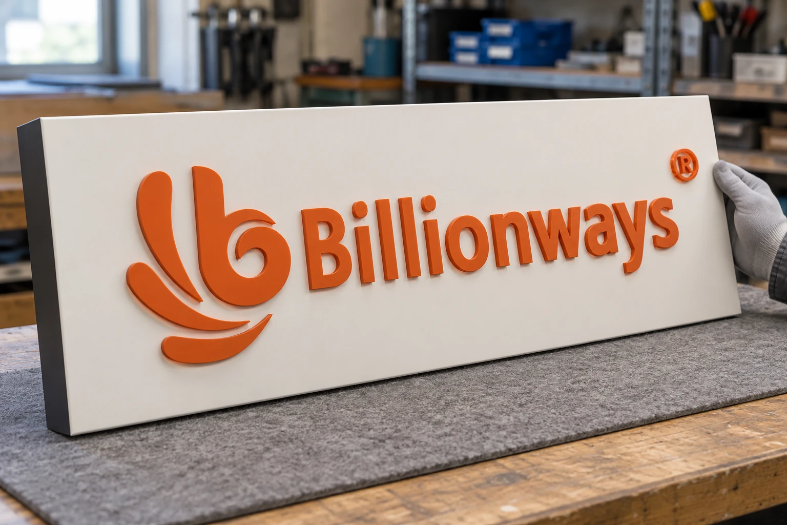 Orange acrylic Billionways letters and logo mounted with visible depth on a warm-white display header