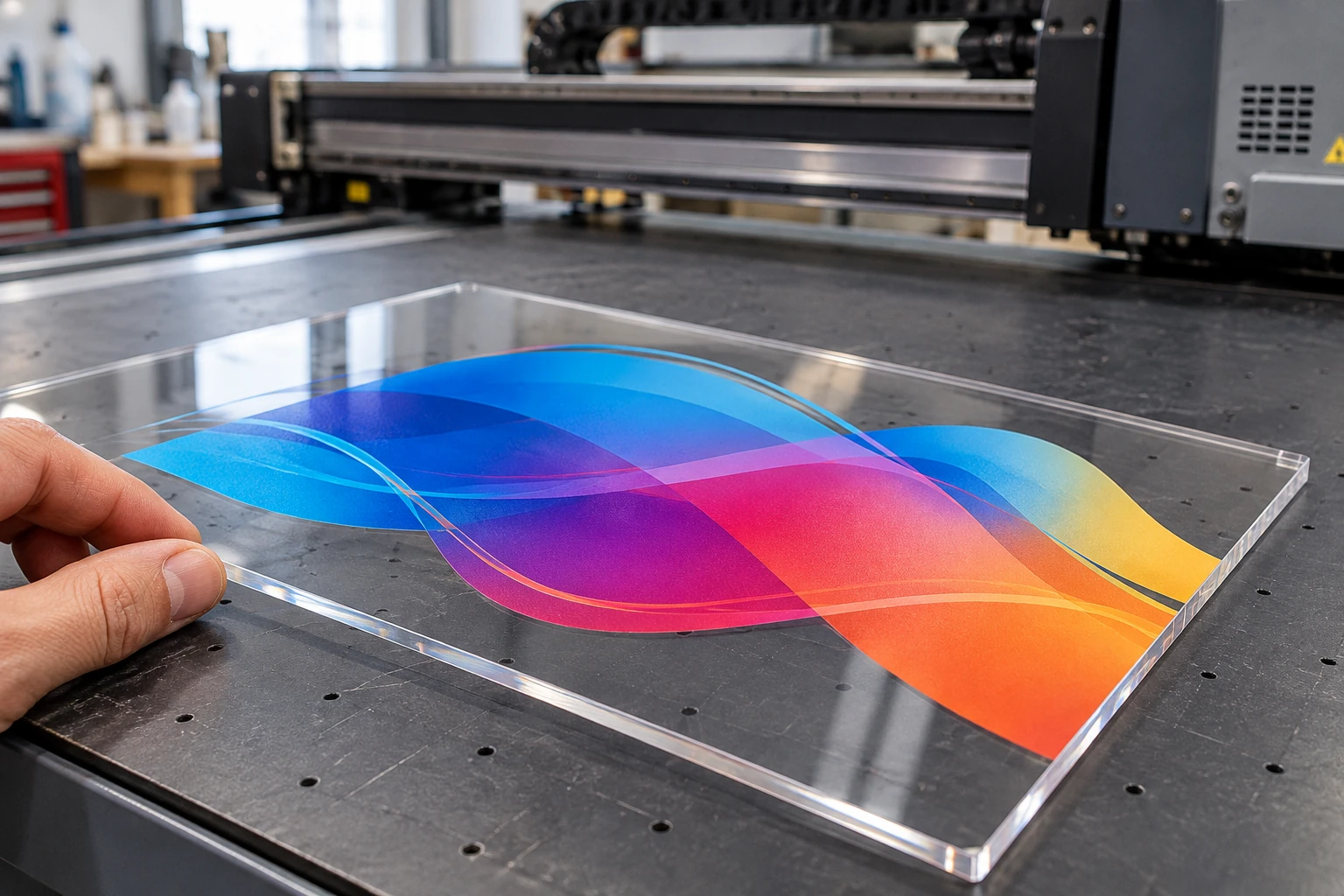 Color artwork printed directly on a clear acrylic panel resting on a flatbed printer