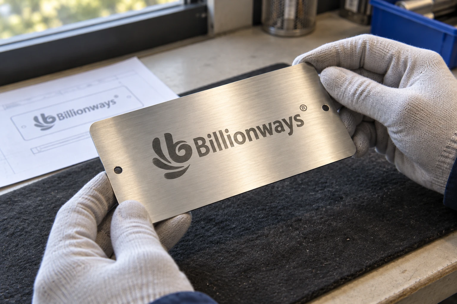 Gloved hands checking a laser-marked Billionways metal nameplate beside its matching design drawing