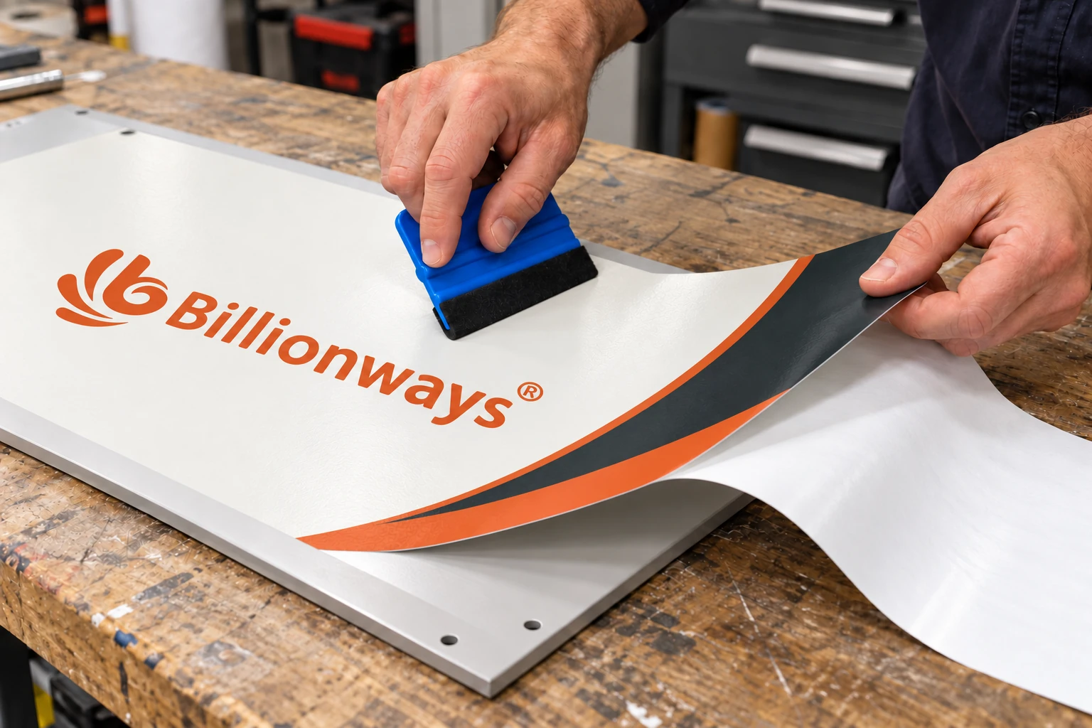 Felt-edge squeegee applying orange Billionways branding on a warm-white and charcoal printed film to a display panel