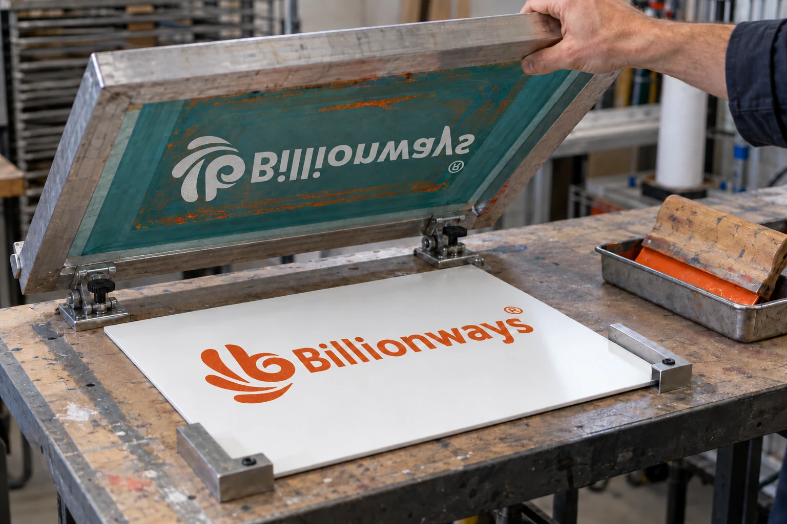 White Billionways stencil in a raised mesh screen above an orange logo printed on a white metal display panel