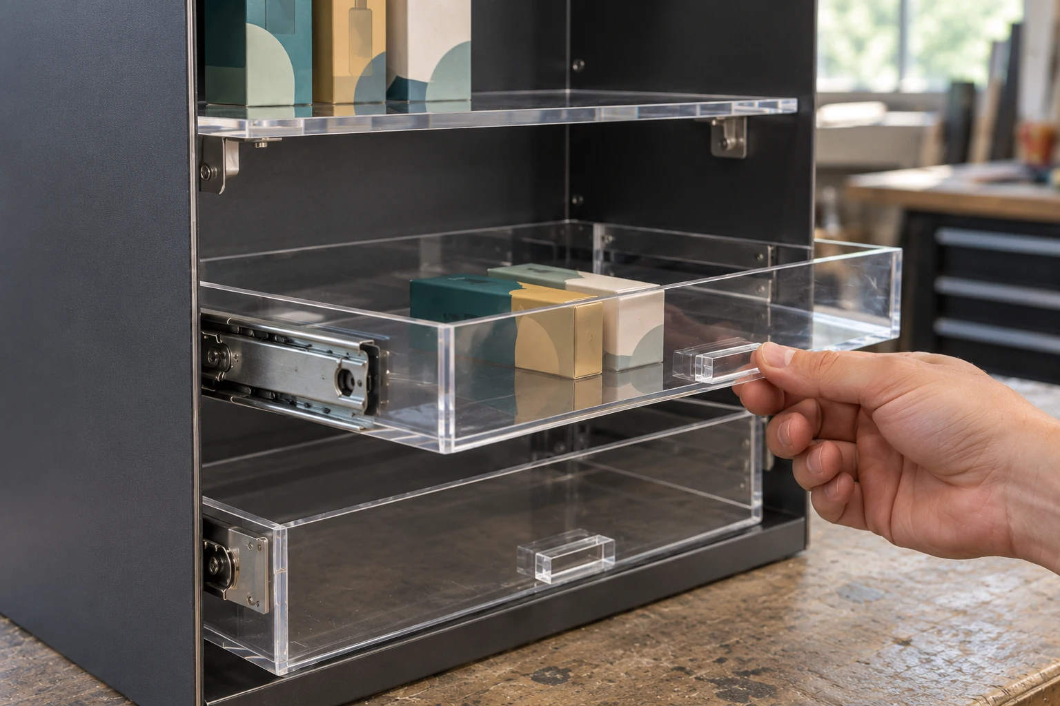 Hand checking a clear acrylic pull-out tray inside a dark metal display housing