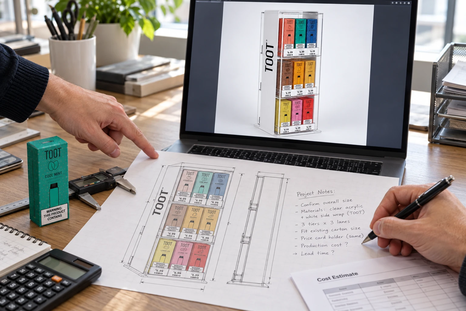 Hands reviewing a vape display drawing with product dimensions, a packaged product and a model on a laptop