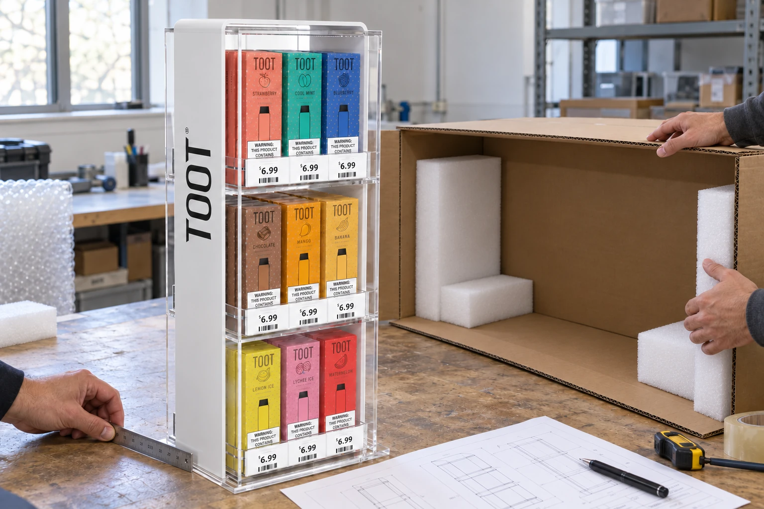 Illustrative project photo of hands checking a complete three-tier acrylic display beside an open packing trial carton with protective foam end blocks