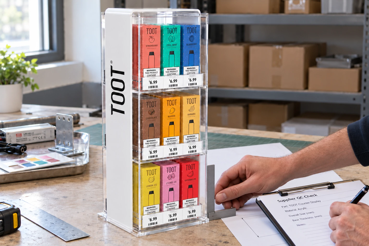 Illustrative project photo of hands checking the upright alignment of a detailed three-tier acrylic display with a steel square and recording a supplier inspection