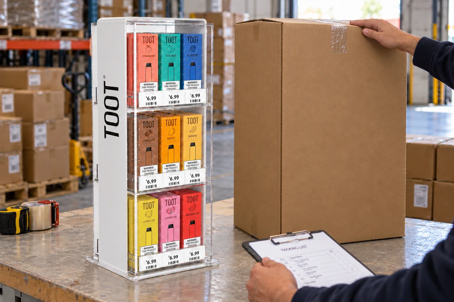Illustrative project photo of hands checking a packing list and sealed shipping carton beside a complete three-tier acrylic display with original artwork and shelf price cards