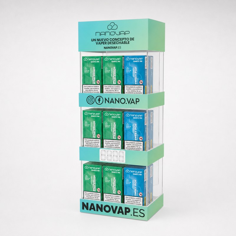 Stocked blue, green and clear acrylic vape display with three product rows and printed panels, right front view.