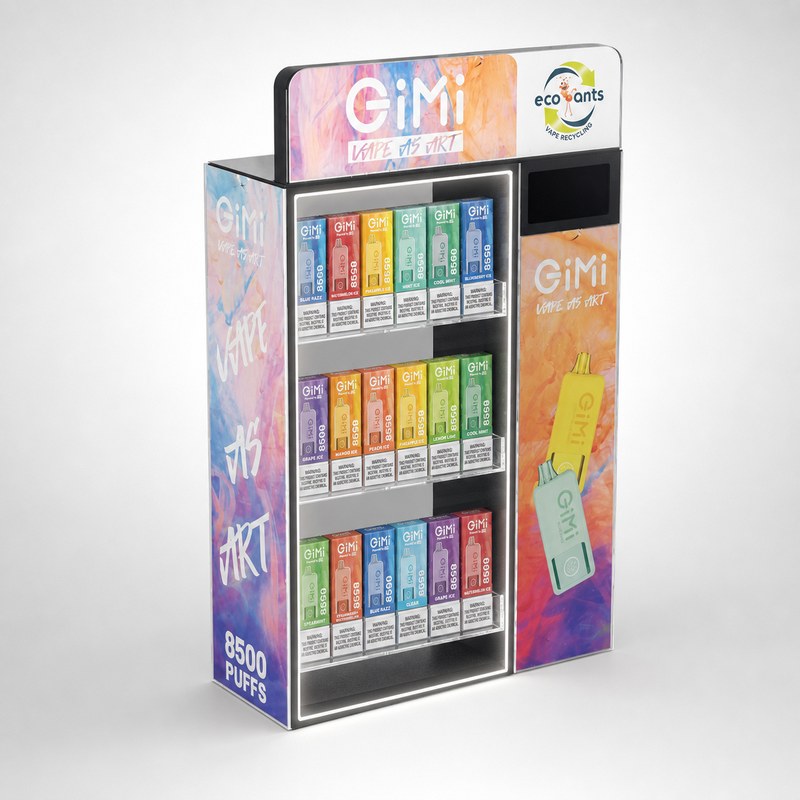 Stocked printed acrylic three-tier vape display with an illuminated frame, left front view.