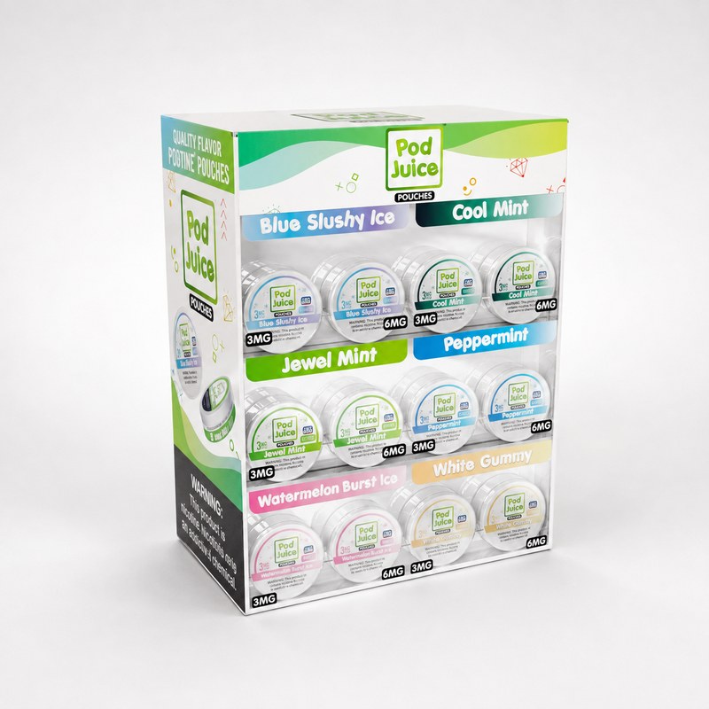 Stocked white, green and clear acrylic nicotine pouch display with three can tiers, left front view.