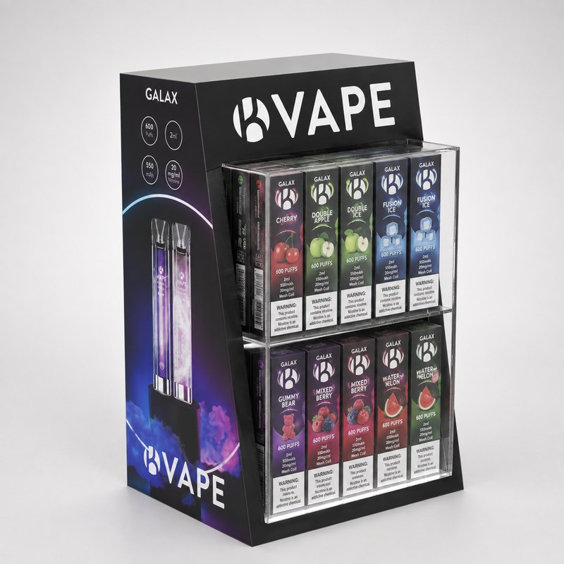 Stocked black and clear acrylic two-tier vape cabinet with a transparent front, left front view.