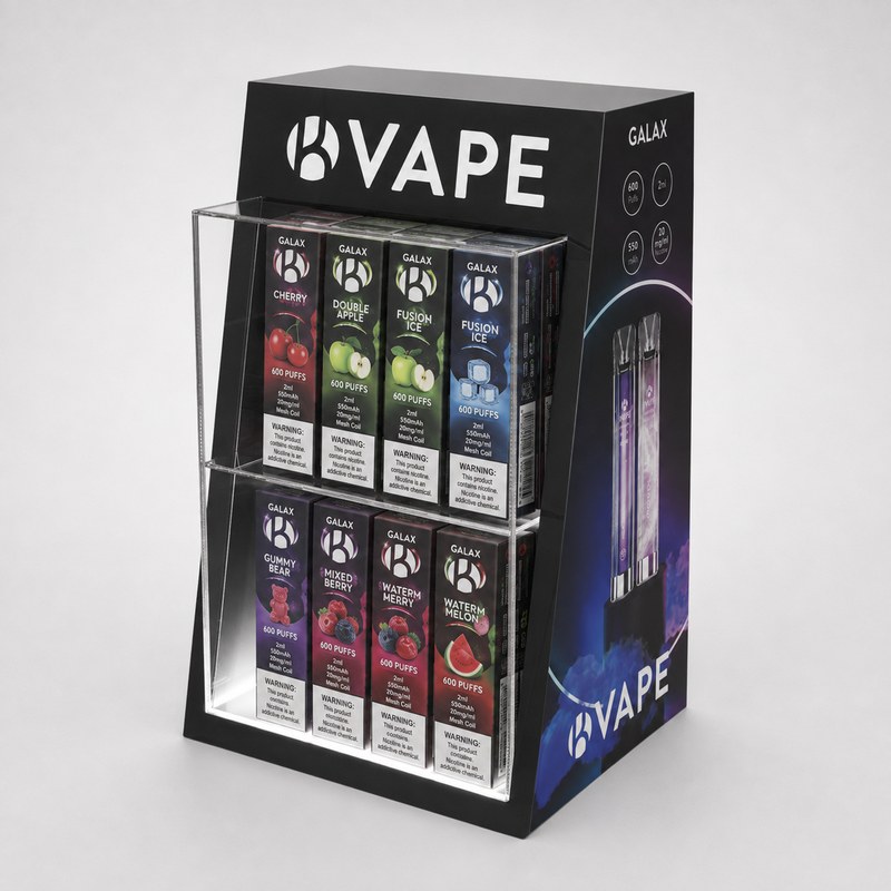 Stocked black and clear acrylic two-tier vape cabinet with a transparent front, right front view.