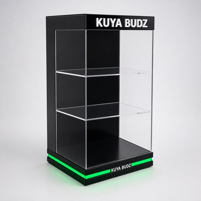 Empty black and clear acrylic vape cabinet with three shelves and green LED base lighting, left front view.
