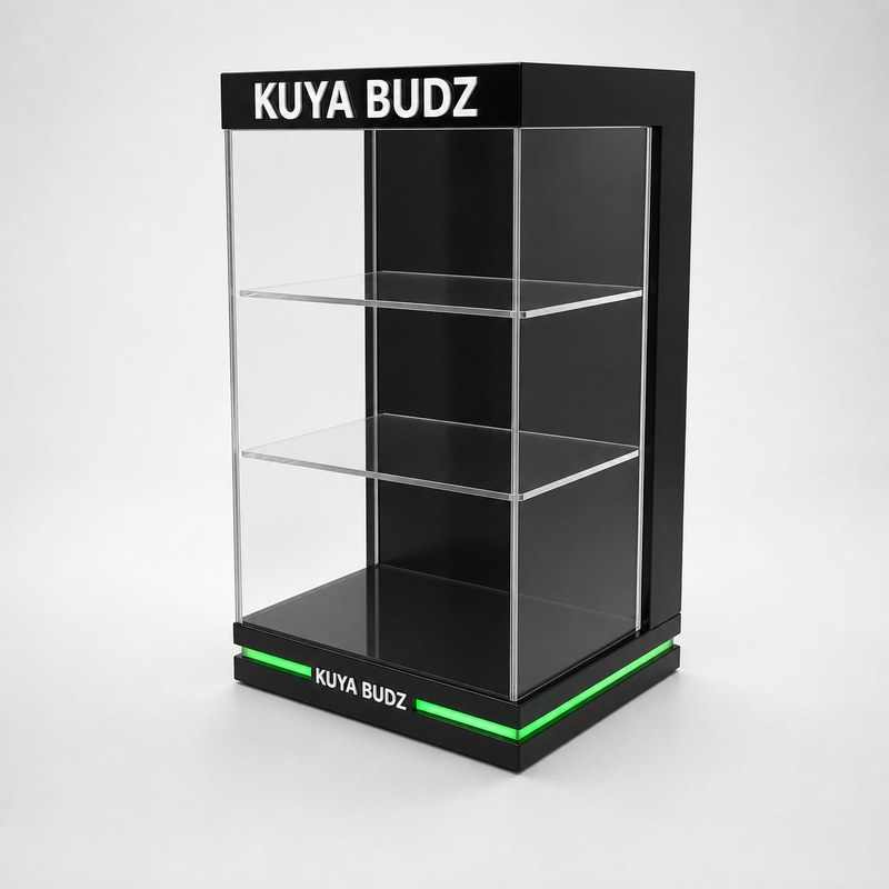 Empty black and clear acrylic vape cabinet with three shelves and green LED base lighting, right front view.