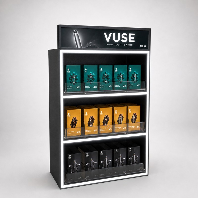 Stocked black acrylic three-tier LED vape cabinet with a printed header and white light outline, left front view.
