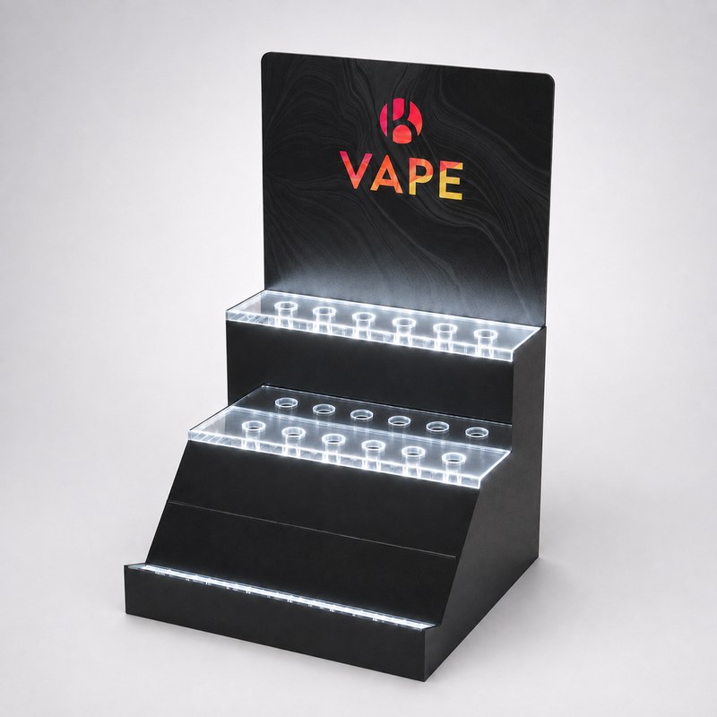 Empty black and clear acrylic LED vape pen display with three stepped rows of device slots and illuminated edges, left front view.