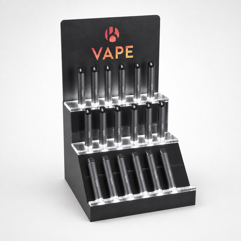 Product-filled black and clear acrylic LED vape pen display with three stepped rows of device slots and illuminated edges, left front view.