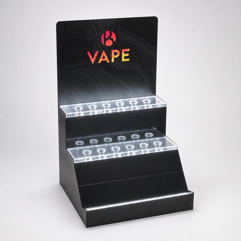 Empty black and clear acrylic LED vape pen display with three stepped rows of device slots and illuminated edges, right front view.