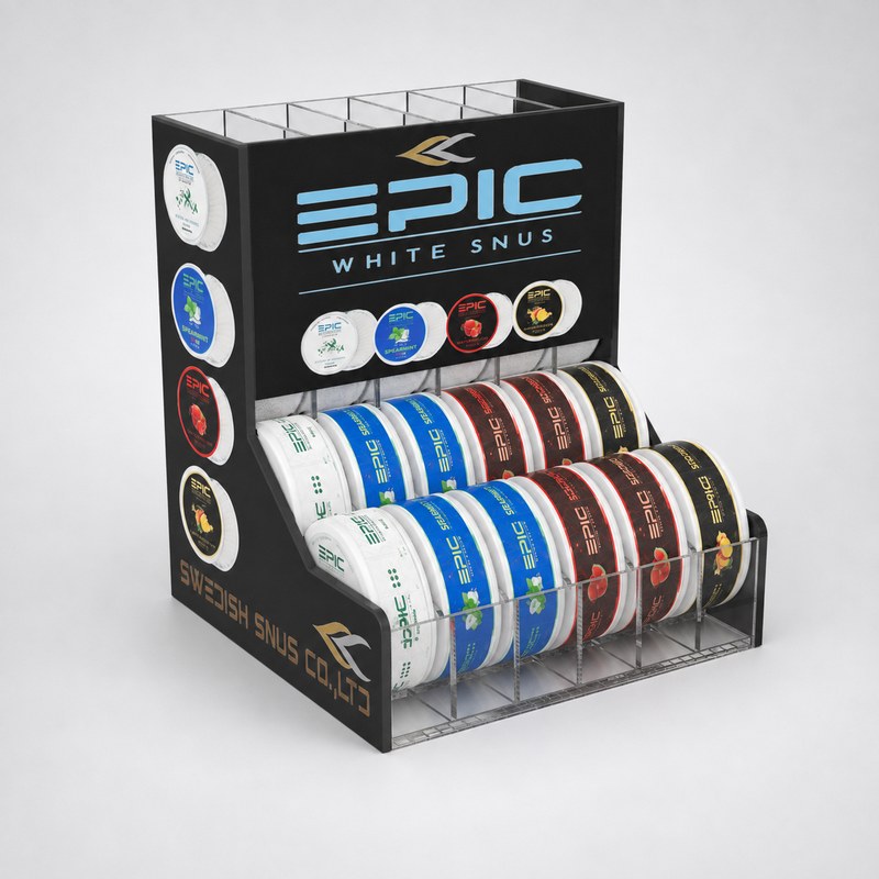 Stocked black acrylic snus can display with stepped rows and can dividers, left front view.