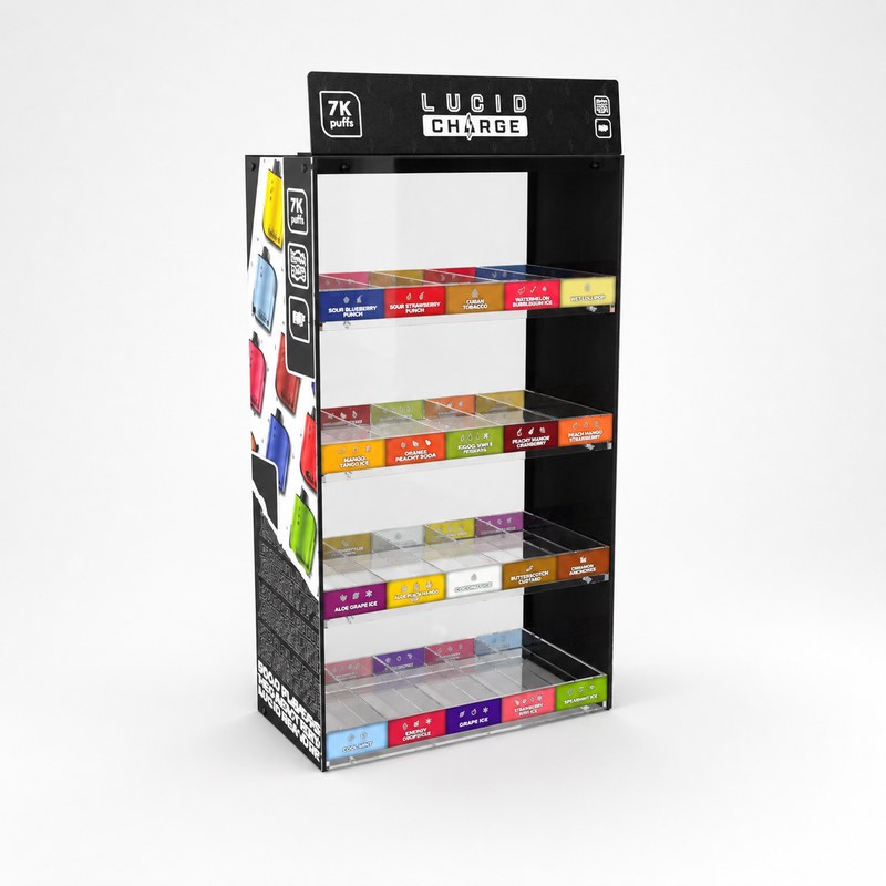 Empty black and clear acrylic four-tier vape display with individual compartment dividers, left front view.