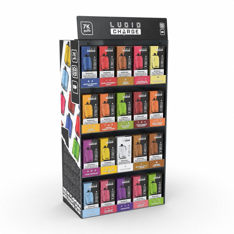 Stocked black and clear acrylic four-tier vape display with individual compartment dividers, left front view.