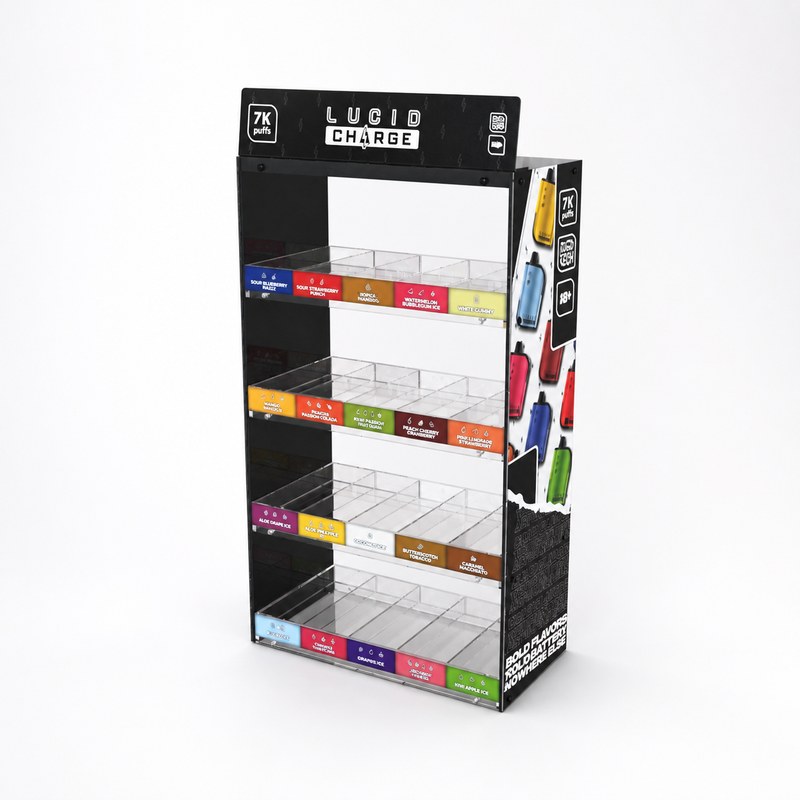 Empty black and clear acrylic four-tier vape display with individual compartment dividers, right front view.