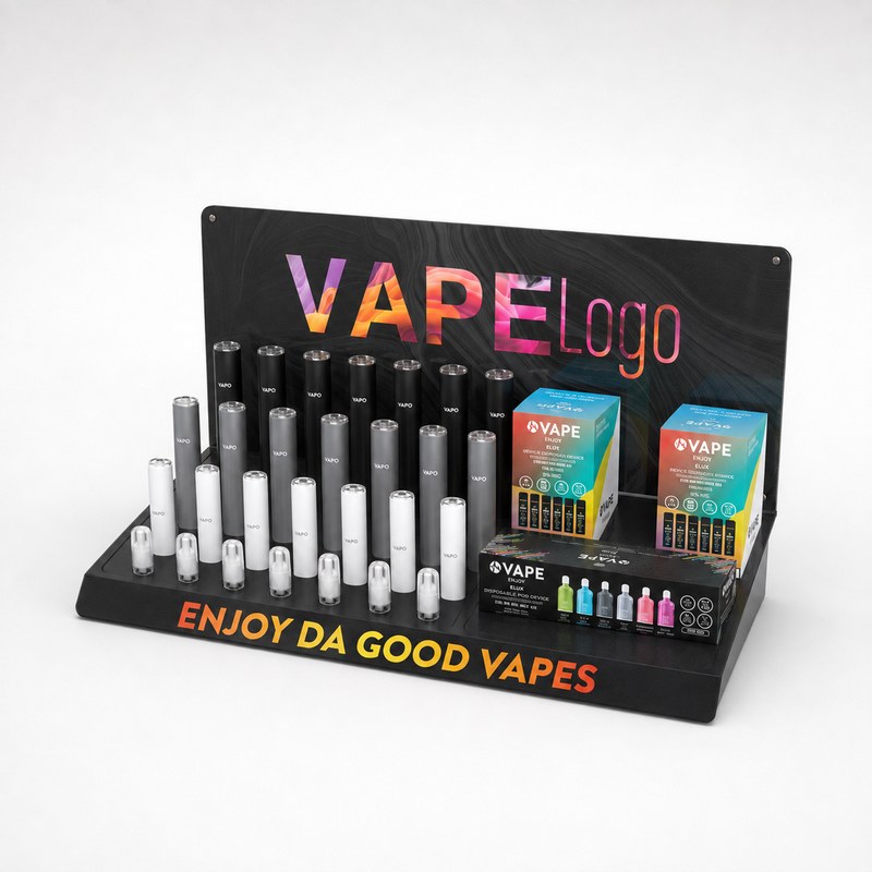 Product-filled black acrylic vape pen display with stepped round slots and a printed back panel, left front view.