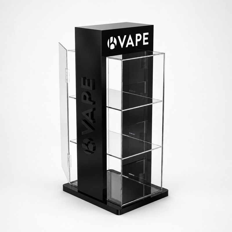Empty black and clear acrylic vape cabinet with multiple shelves and transparent panels, left front view.