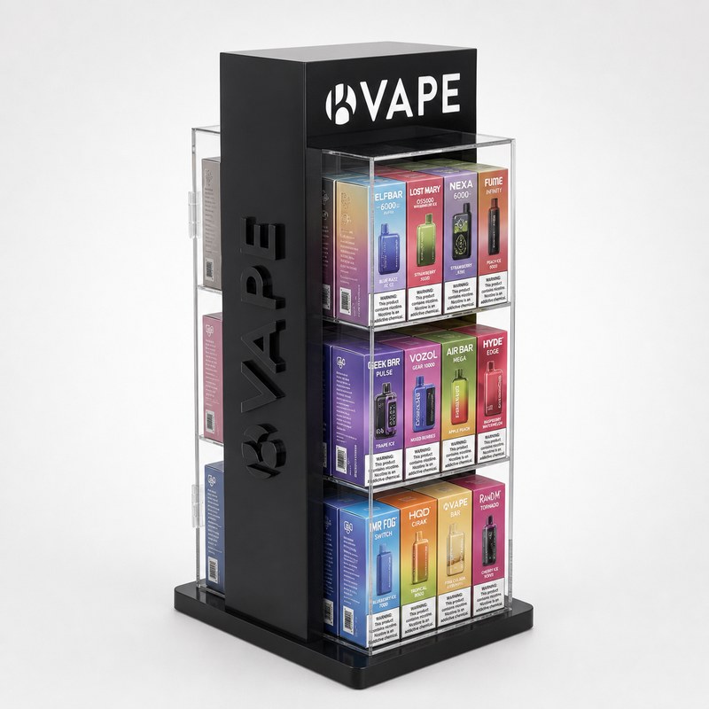 Stocked black and clear acrylic vape cabinet with multiple shelves and transparent panels, left front view.