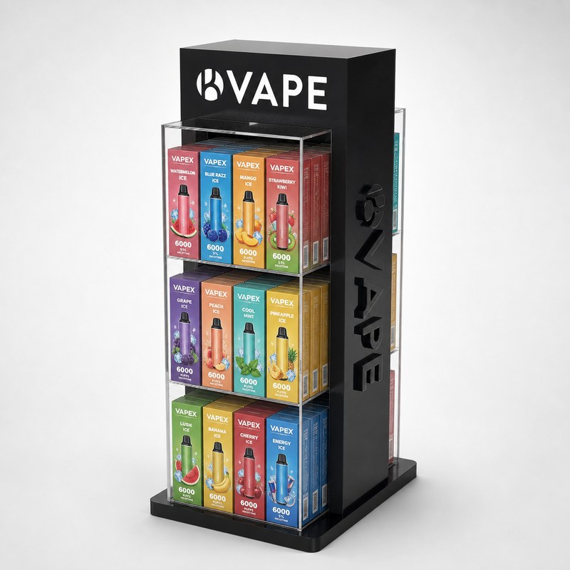 Stocked black and clear acrylic vape cabinet with multiple shelves and transparent panels, right front view.