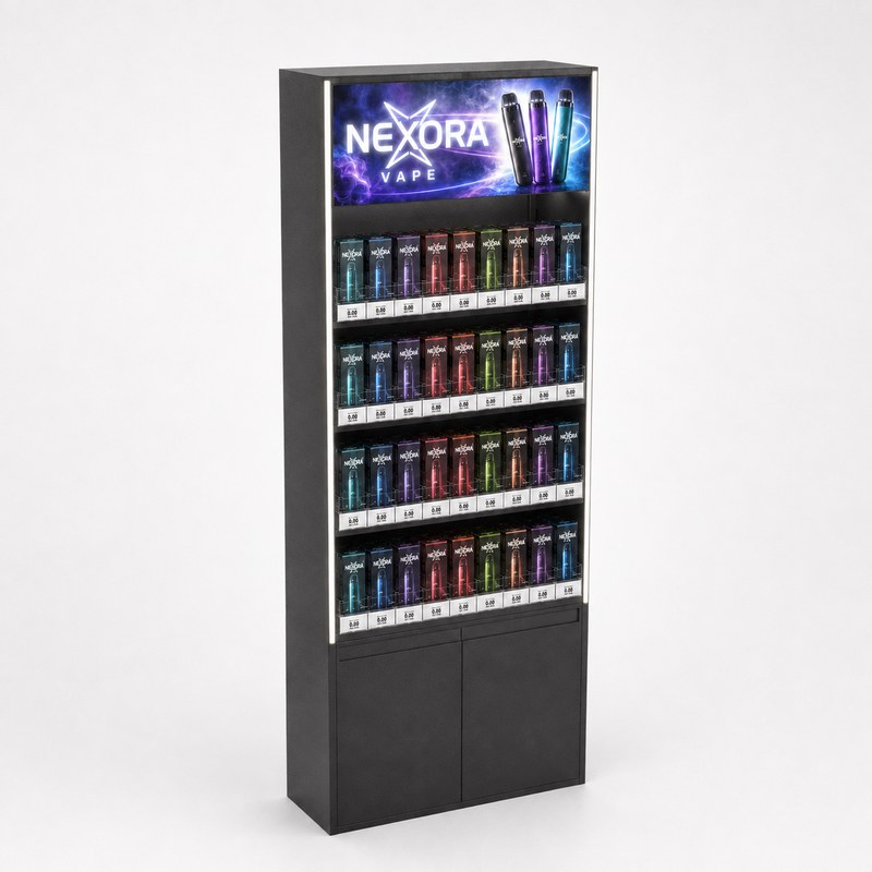 Stocked black metal four-shelf vape cabinet with vertical LED side lighting, front label strips and two lower doors, left front view.