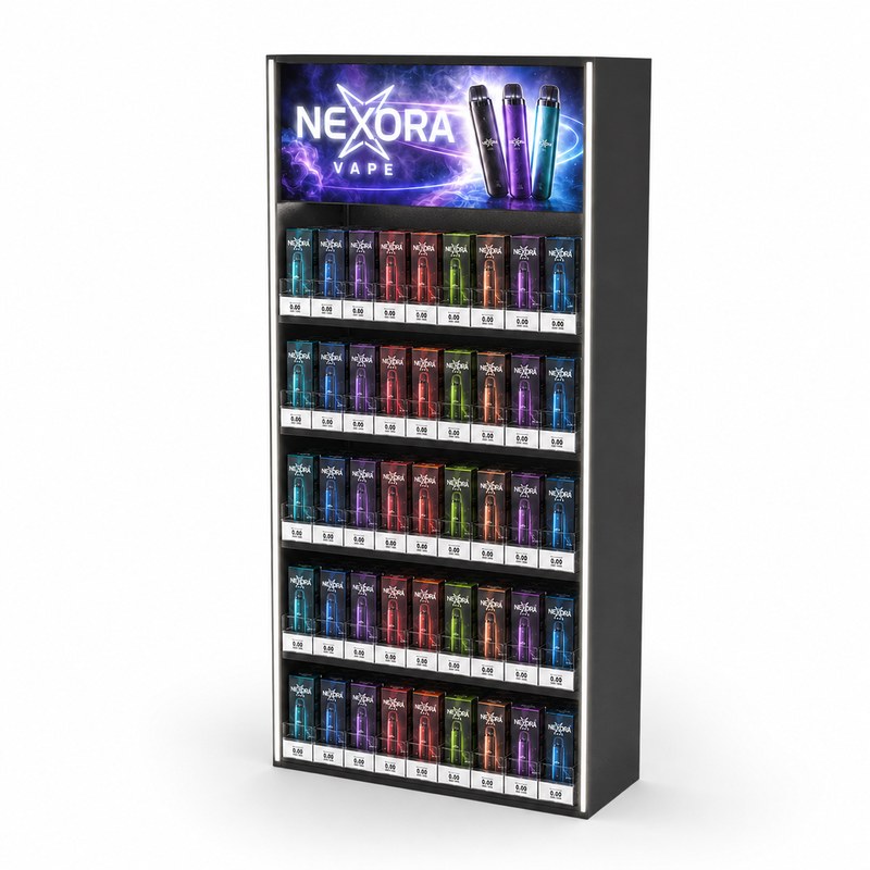 Stocked black metal five-shelf vape rack with LED side lighting, transparent front retainers and label strips, right front view.