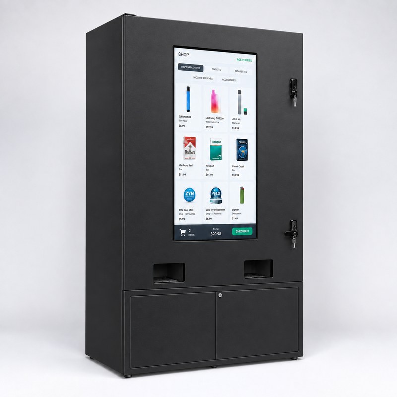 Black metal vape cabinet with a portrait screen showing a product menu, two front openings and two lower doors, left front view.