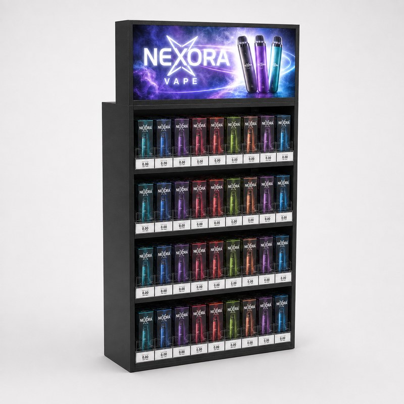 Stocked black metal four-shelf vape rack with a printed header, transparent front retainers and label strips, left front view.