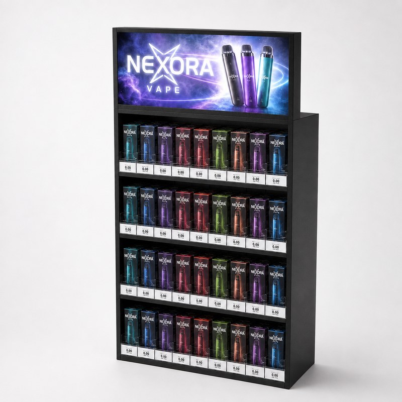 Stocked black metal four-shelf vape rack with a printed header, transparent dividers and label strips, right front view.