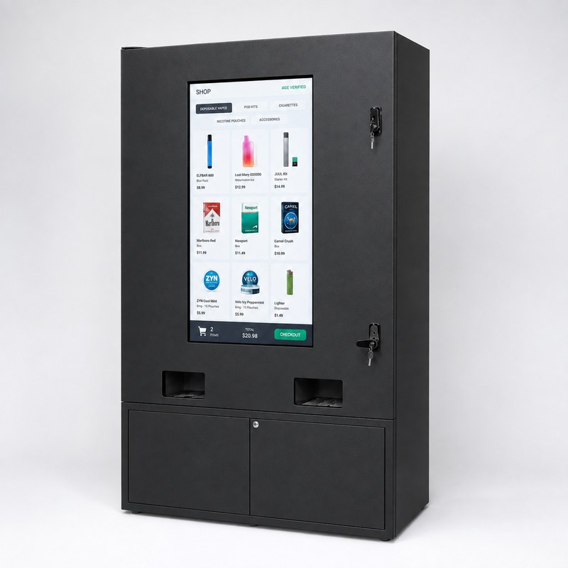 Black metal floor cabinet with a vertical digital screen