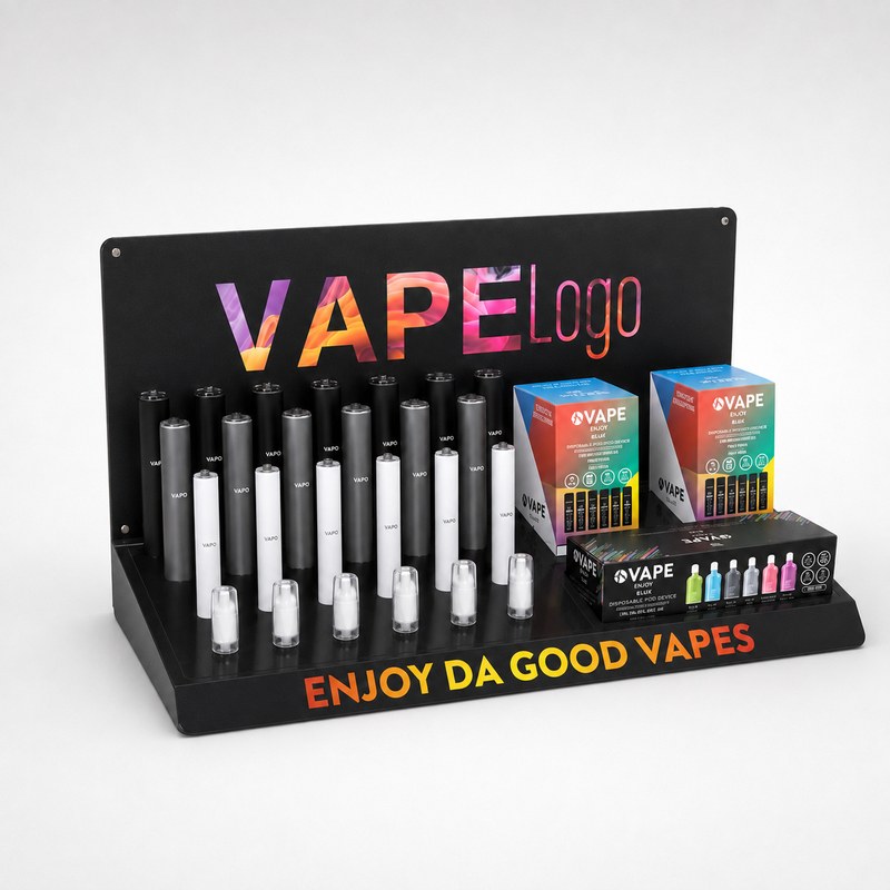 Black stepped countertop stand with round slots for individual vape devices
