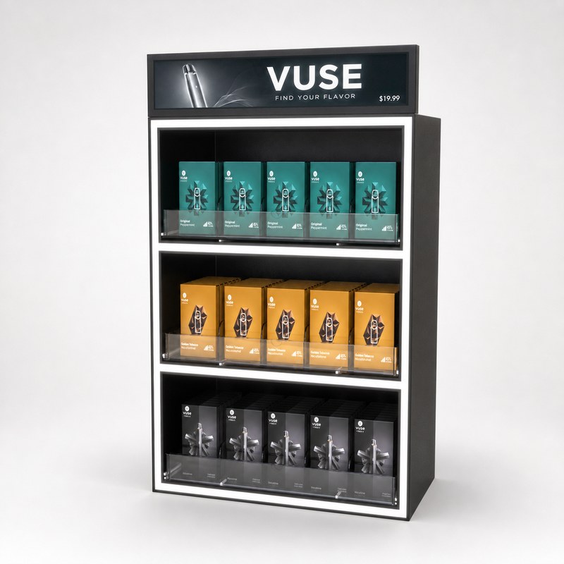 Black acrylic three-tier cabinet with white LED edge and shelf lighting