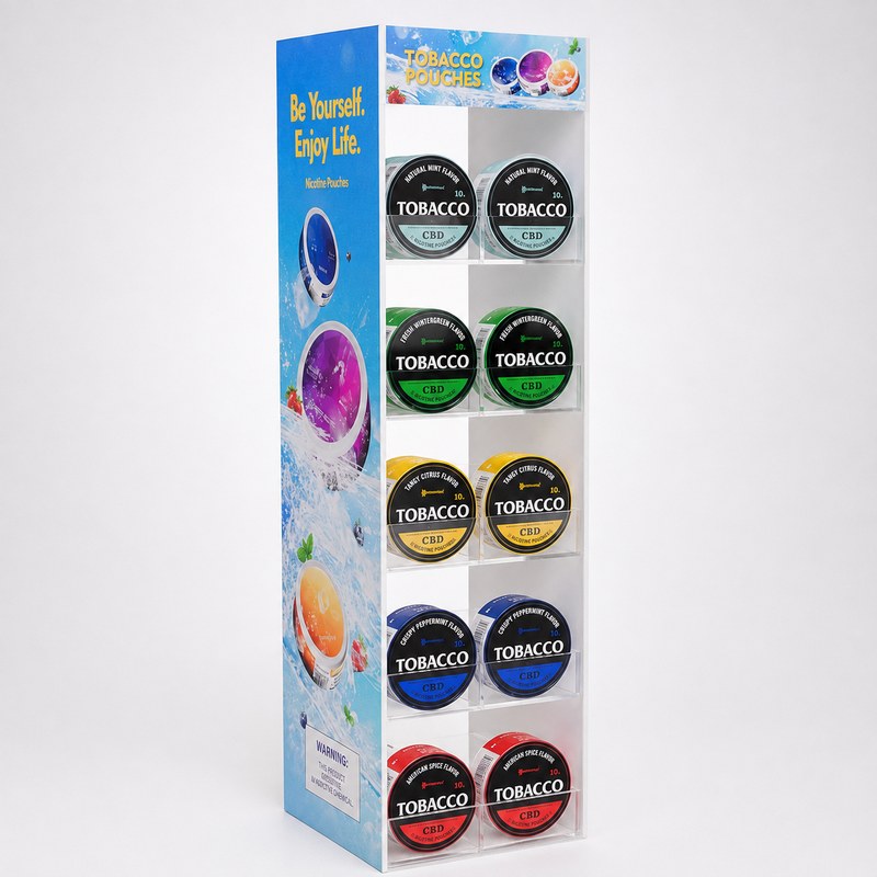 Stocked blue and clear acrylic upright nicotine pouch display with five can tiers, left front view.