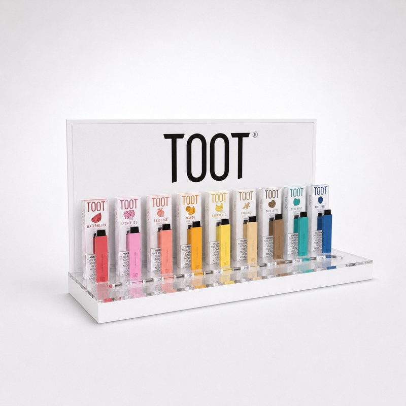 Stocked clear acrylic single-tier countertop e-cigarette display with device and pack holders, left front view.