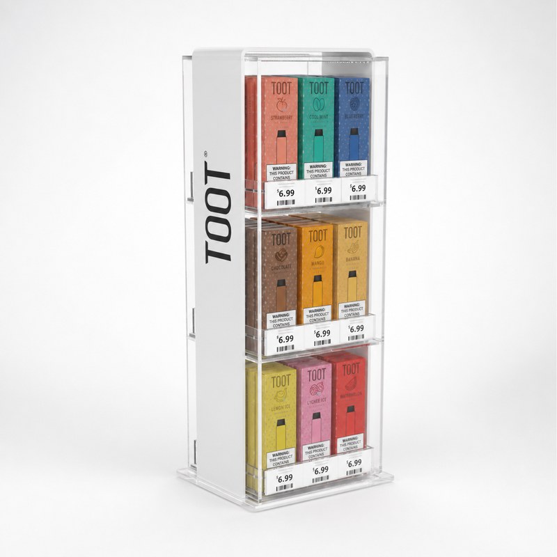 Stocked clear acrylic upright vape display with three product tiers, left front view.