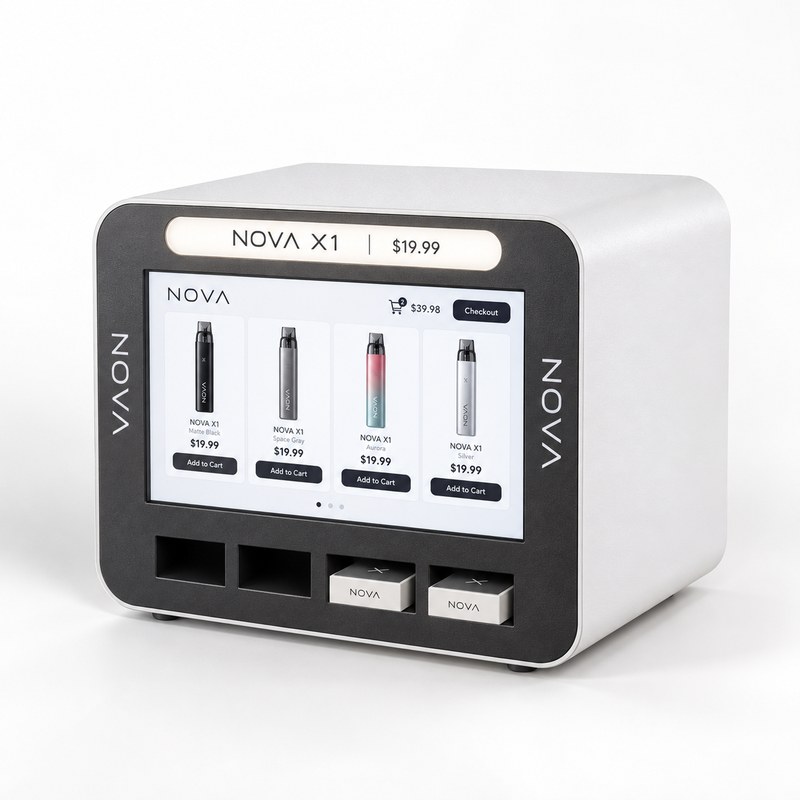 Compact White Vape Display Cabinet with Landscape Screen