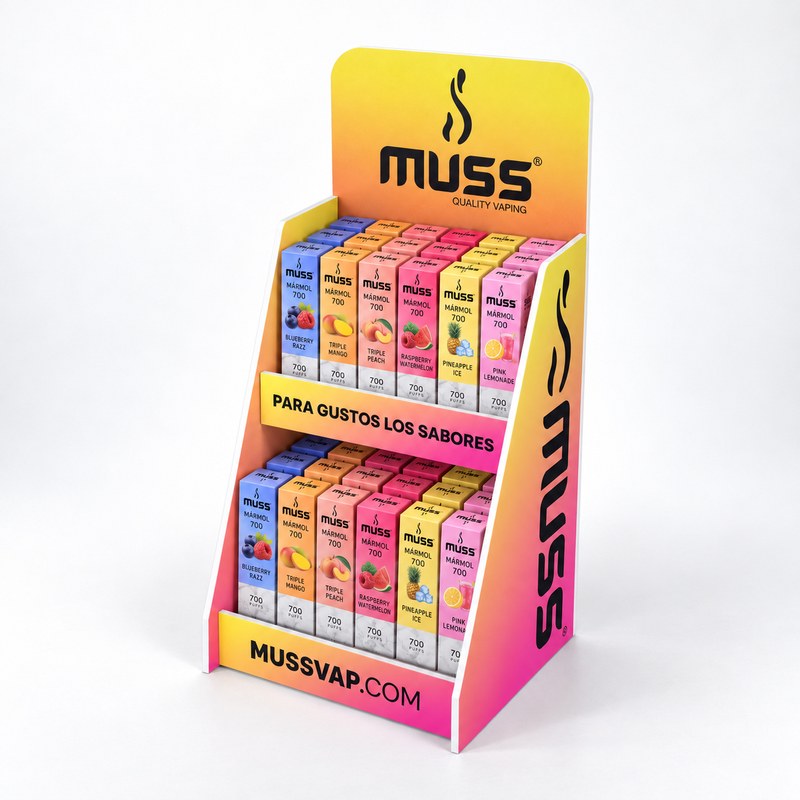 Yellow and pink printed PVC display with two stocked shelves