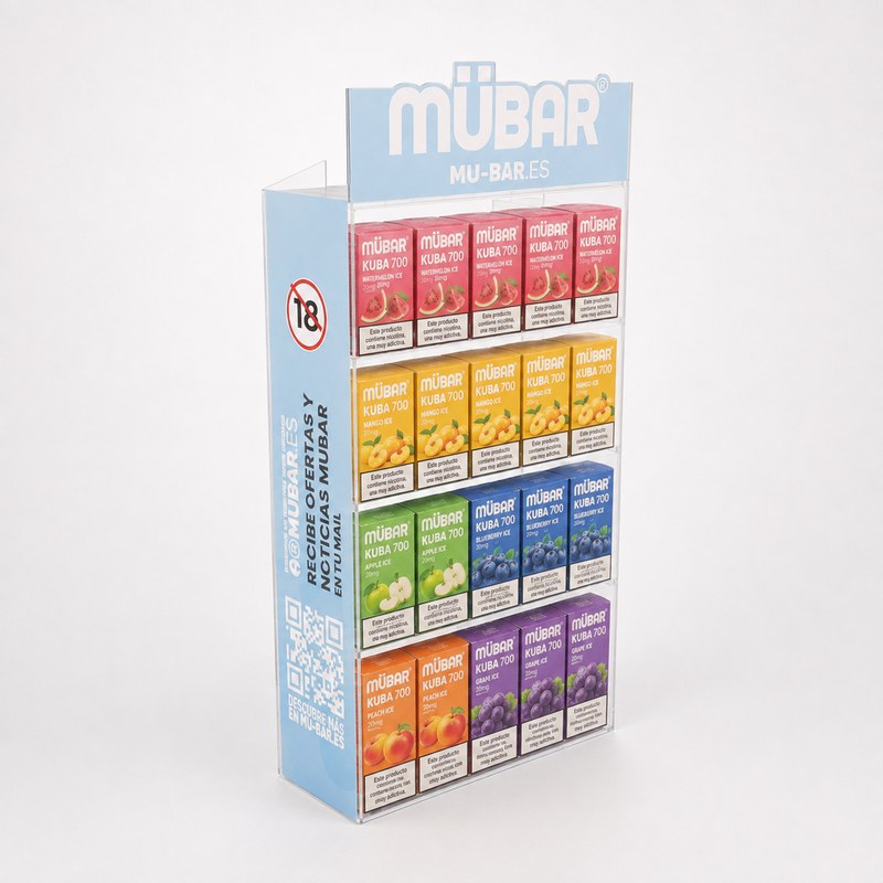 Stocked light blue and clear acrylic four-tier vape display with printed side panels, left front view.