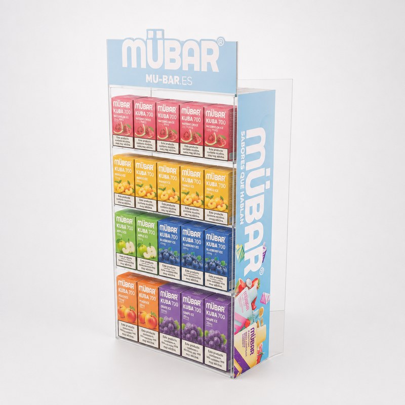 Light blue four-tier upright acrylic display for boxed vapes