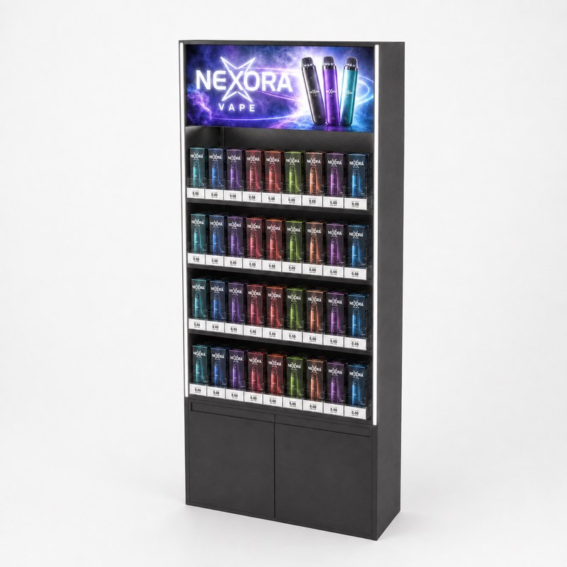 Four-Shelf LED Metal Vape Display with Lower Storage